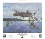 A painting of a 38th Bomb Group B-25 over a Japanese ship during WWII